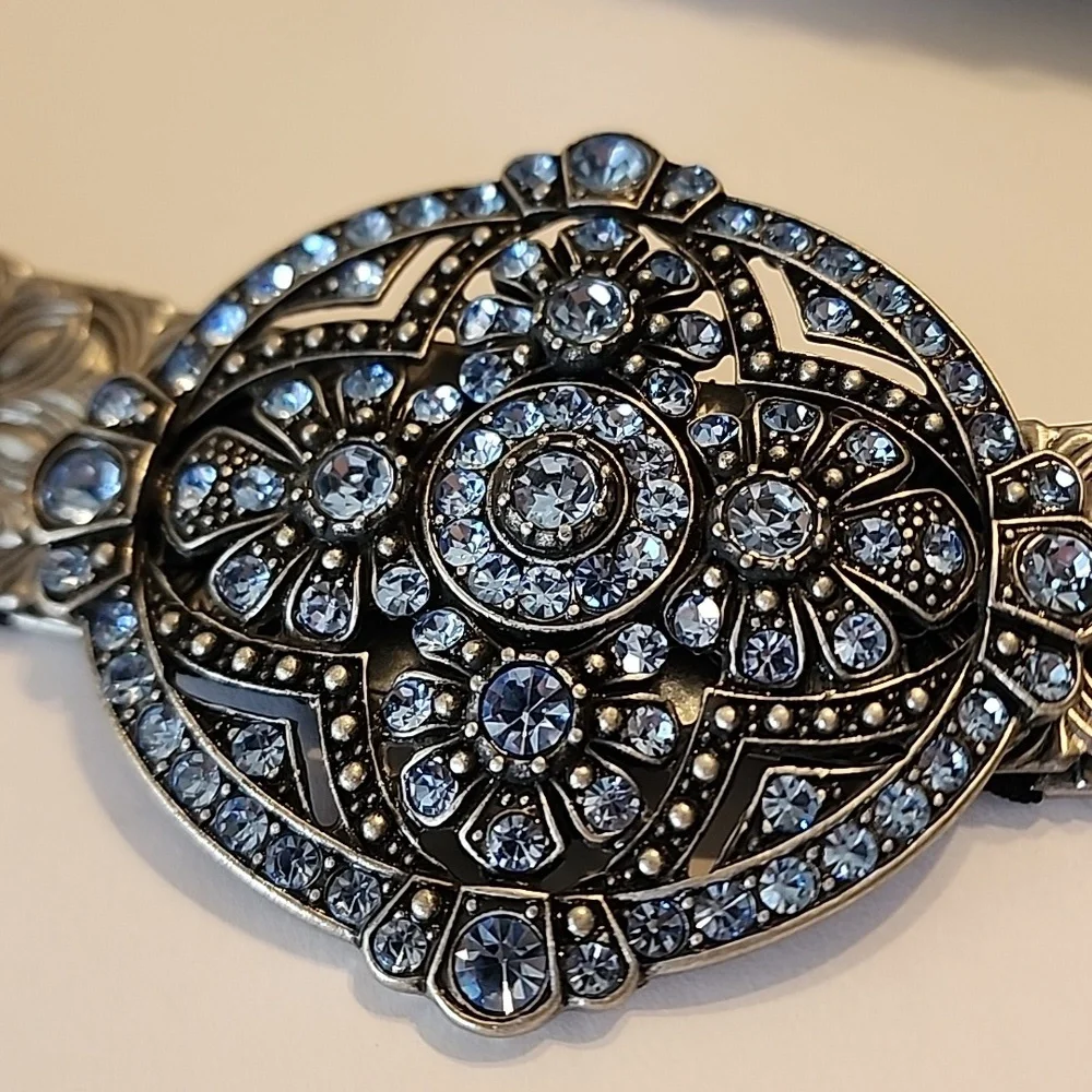 Blingy Belt Blue Shiny Rhinestone W/ Floral Crystal Buckle Stretch Black Elastic